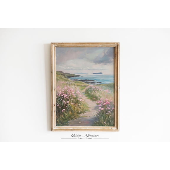 Moody Coastal Pink Wildflower, Vintage Summer Beach Farmhouse, Floral Landscape, Flower Field, Sea Spring Wall Art Poster Decor, Size 16x24 UNFFRAMED F03.1.8l1039