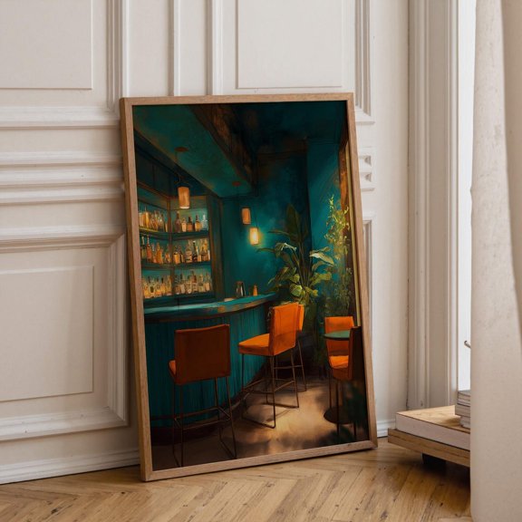 Moody Cocktail Bar Dark Teal Lounge Elegant Bar Interior Modern Restaurant Home Bar Graphic Poster Unframed Paper Print