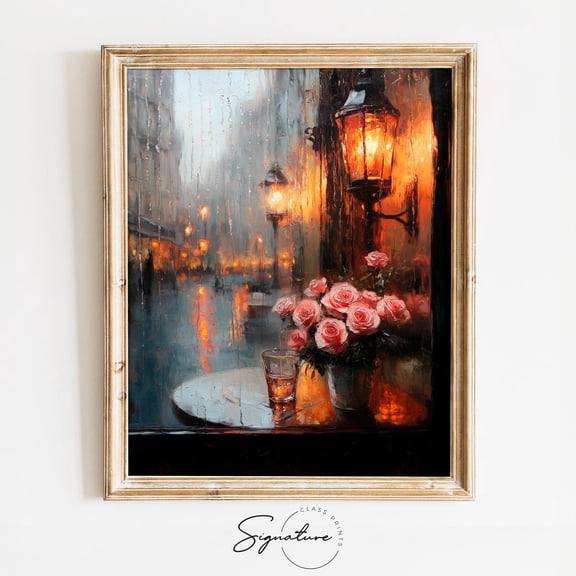 Moody Coffee Shop Window with Roses Reflection, Romantic Valentines Day Wall Art, Rustic Rainy Scene, able 3566 Unframed Paper Print