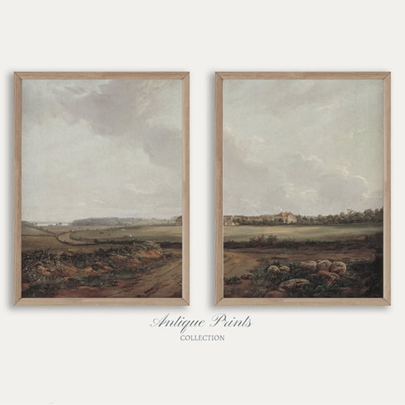 Moody Countryside Split Print Country Print Landscape 2 Pieces Vintage Wall Art Muted Painting Farmhouse Decor Set 2