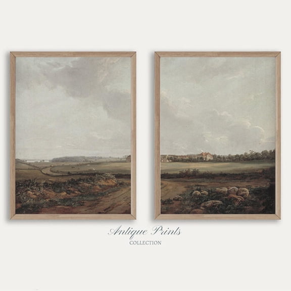 Moody Countryside Split Vintage Landscape Muted Farmhouse Wall Art Set 2 Stretched Canvas 12x18