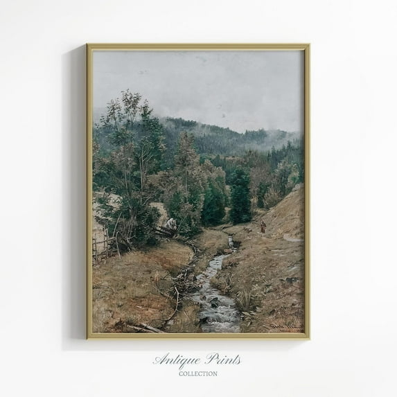 Moody Countryside Vintage Wall Art, River, Farmhouse Wall Decor, Rustic Landscape Antique, Poster, Unframed Canvas Size 12x18