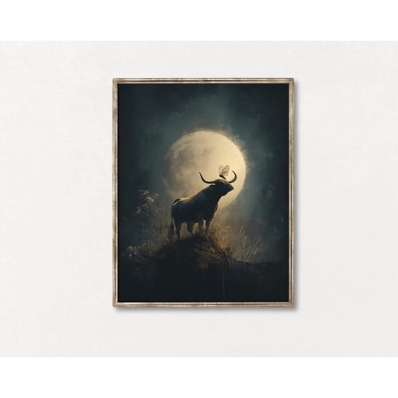 Moody Cow Full Moon Wall Art Dark Cottagecore Art