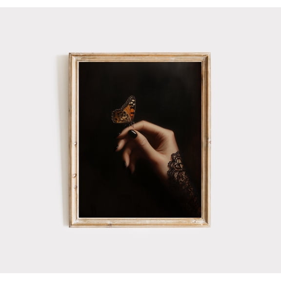 Moody Dark Butterfly Wall Art Print Gothic Hand Portrait Dramatic Black Decor Vintage Inspired