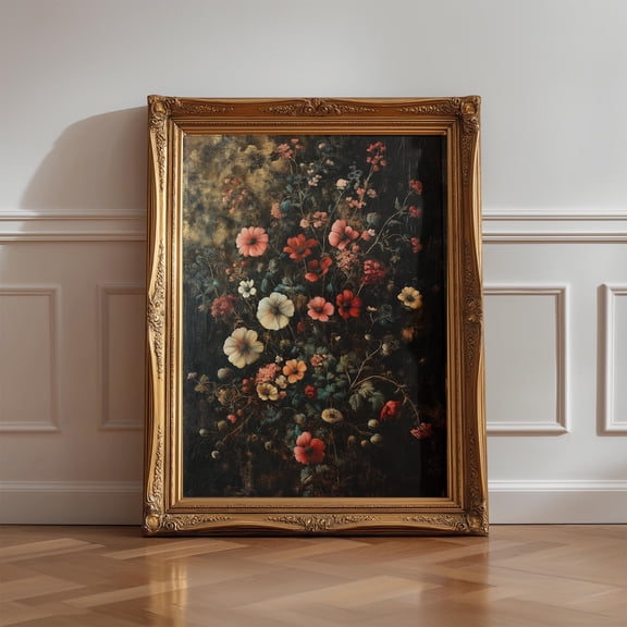 Moody Dark Floral Art Print, Vintage Baroque Flower Wall Decor, Unframed Paper Poster 8x10in