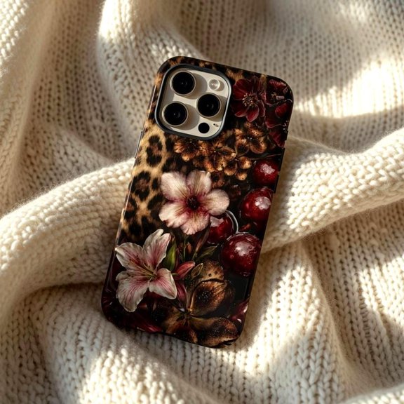 Moody Dark Floral Leopard Case - Luxury Gothic Botanical Animal Print Designed for iPhone 17, 16, 15, 14, 13 Tough Protective Shell