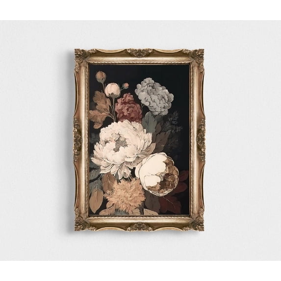 Botanical Flower Graphics Moody Dark Flower Wall Art Print, Vintage Botanical Peony, Still Life ...