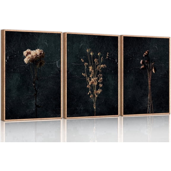 Moody Dark Orange Floral Framed Canvas Wall Art Set, Minimalist Wildflower Wall Decor, Black Flower Botanical Wall Painting, Modern Art Print for Living Room, Bedroom, Office 16"x24"x3