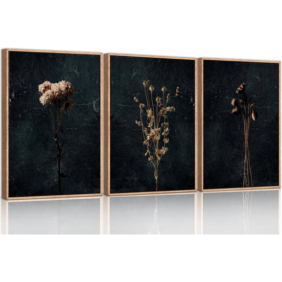 Moody Dark Orange Floral Framed Canvas Wall Art Set, Minimalist Wildflower Wall Decor, Black Flower Botanical Wall Painting, Modern Art Print for Living Room, Bedroom, Office 16"x24"x3