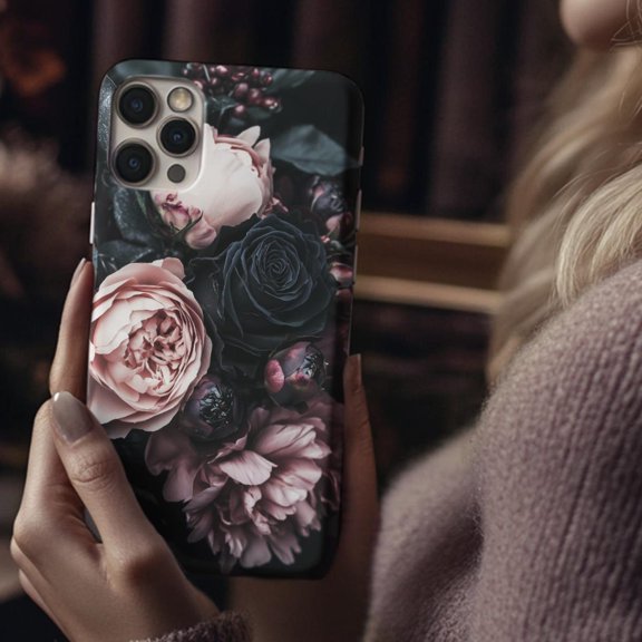 Moody Dark Roses and Floral Case with Pink & Black Garden Design with iPhone 17 to 11 Pro Max