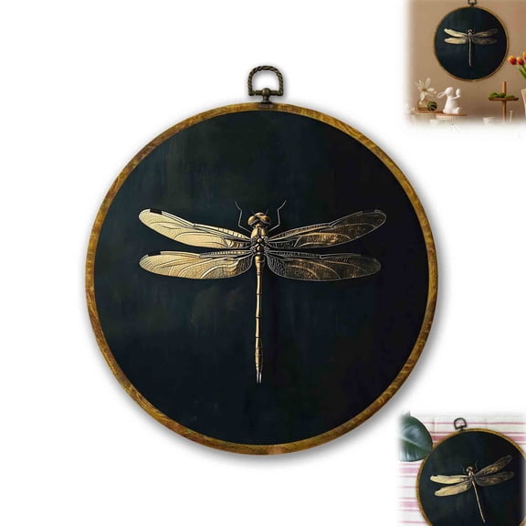 Moody Dragonfly Wall Art Decor, vintage butterfly wall art,  Vintage Dark Academia Insect Canvas Print 10x10, Cottagecore Minimalist Round Wall Hanging for Bedroom Living Room