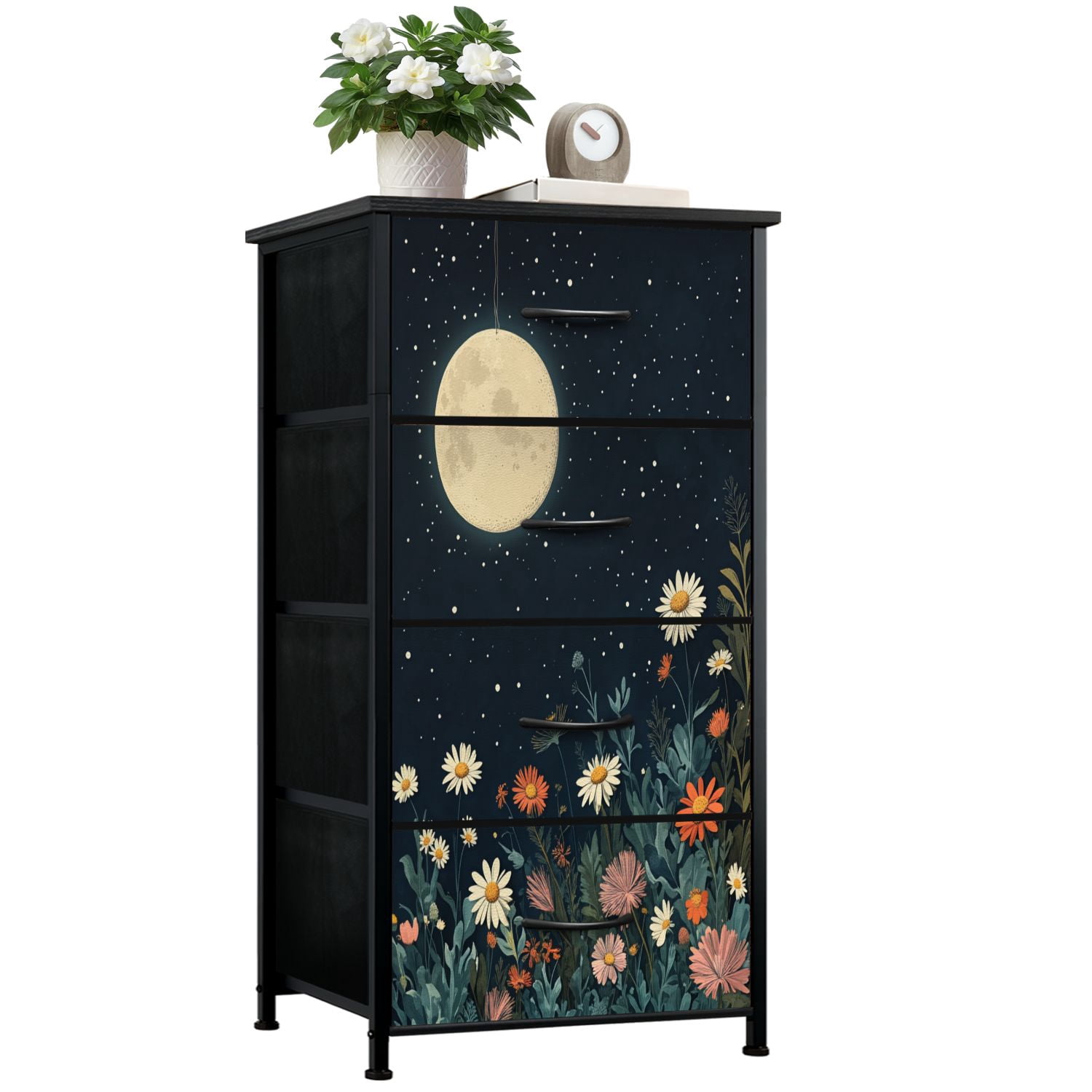 cottagecore dresser Chinoiserie Designed Floral Blue Pink Cottagecore Beautiful Botanical 4-Drawer Dresser Moody Dresser for Bedroom with