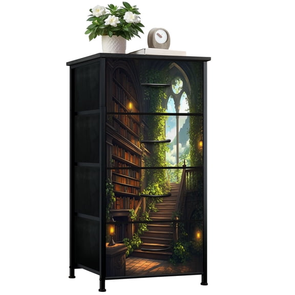 Moody Dresser for Bedroom with 4 Storage Drawers Vintage Library Dark Green Gothic Medieval Castle Retro Victorian Dressers Chest of Drawers Steel Framed Fabric Closet Organizers for Entryway
