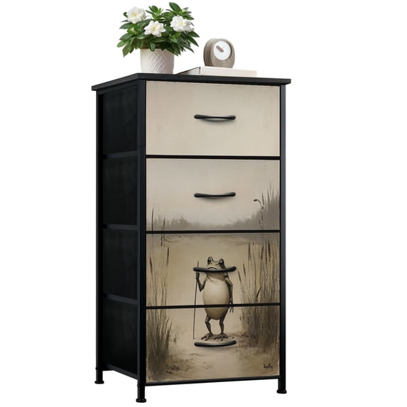 Moody Dresser for Bedroom with 4 Storage Drawers Whimsical Frog Traveler Vintage Cottagecore Animal Funny Moody Dressers Chest of Drawers Steel Framed Fabric Closet Organizers for Entryway