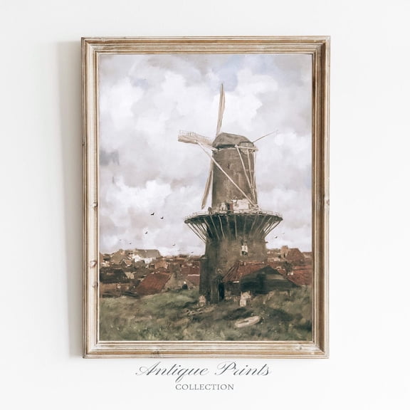 Moody Duch Windmill Wall Art, Vintage Country, Antique Windmill Print, Rustic Farmhouse Wall Art, Unframed Paper Print