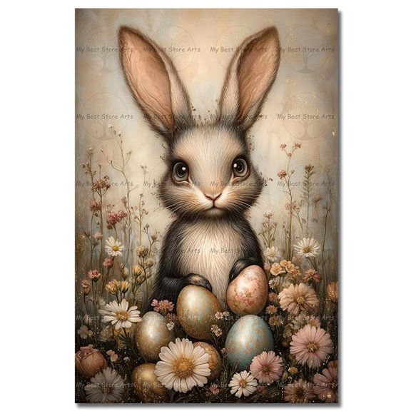 Moody Easter Bunny Poster, Fantasy, Animal, Gothic Rabbit, Cute Whimsical Eggs Picture, Holiday Themed, Seasonal Living Room And Home Decor