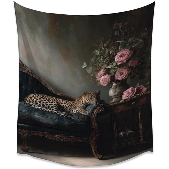 Moody Floral Leopard Dark Academia Tapestry Classic Vintage Animal Landscape Tapestries Vintage Quiet Luxury Wall Art For Bedroom Living Room Dorm Cafe Wall Decorwhite30x40inch