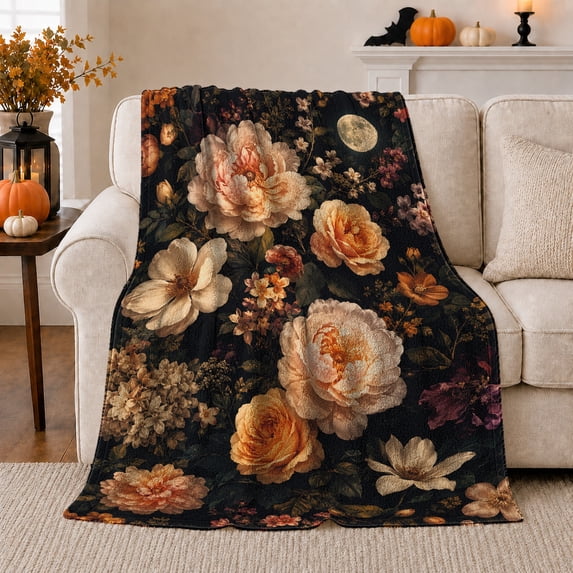 Moody Floral Moon Bat, Cozy Friendship Quote Scene, Warm Flannel Blanket for Living Room and Reading Nook with Detailed Artwork, Art Lovers Thanksgiving Gift, Artistic Home Decor