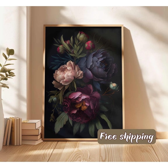 Moody Floral Peony Wall Art, Dark Botanical Poster, Unframed Paper Poster 8x10in
