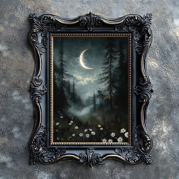 Moody Flower Forest Wall Art Print, Deep Spruce Woodland, Botanical Bedroom And Living Room Decor