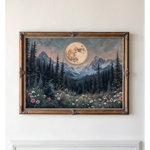 Moody Forest Full Moon Print Abstract Mountain Scenery