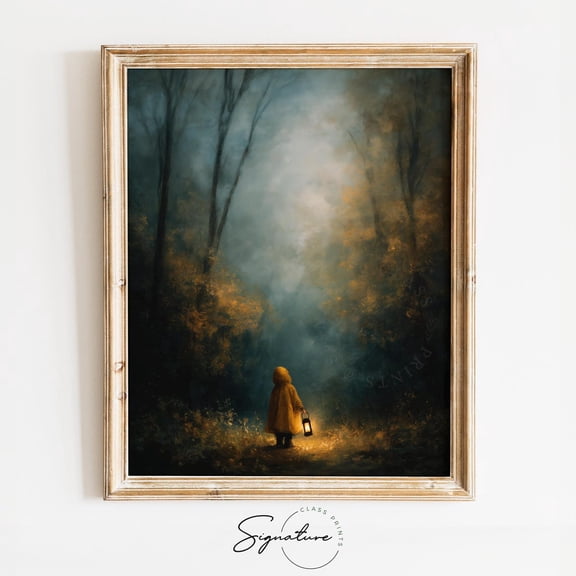 Moody Forest Scene With Child, Autumn Wall Art, Mustard Cloak, Rustic, Enchanted Woodland Decor, 4001 Home Decor, 12x18 UNFRAMED