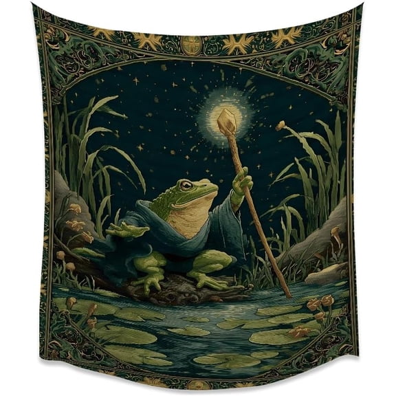 Moody Frog Wizard Wall Art Tapestry Medieval Vintage Aesthetic Forest Pond Print Tapestries Gothic Fairytale Wall Hanging Decor for Living Room Bedroom Gallery Wall Decor white30x40inch