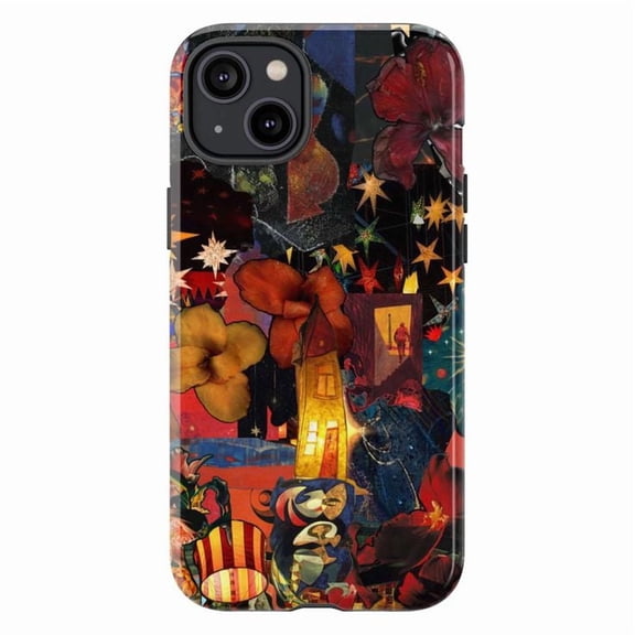 Moody Gothic Flower Phone Case, Surreal Red & Blue Stars Art Protective Cover for iPhone 17 16 15 14 13 12 11 Pro Plus Mini