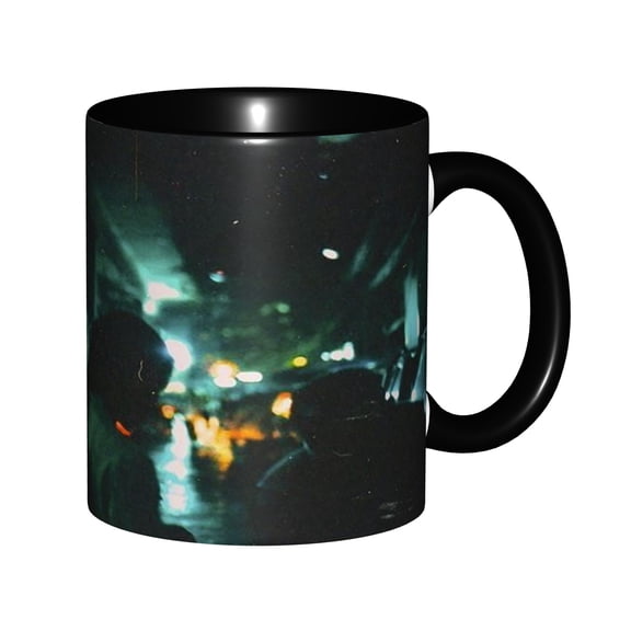 Moody Grainy Film Night City Street Blurry Crowd Urban Neon Dark Green Tone Ceramic Mug 11oz, Grunge Vintage Late Night City Cinematic Vibe Cup, Microwave Safe Gift for Film & Urban Photography Fans