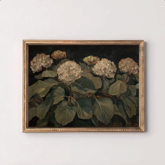 Moody Hydrangea Wall Art Print, Dark Green Vintage Botanical Decor