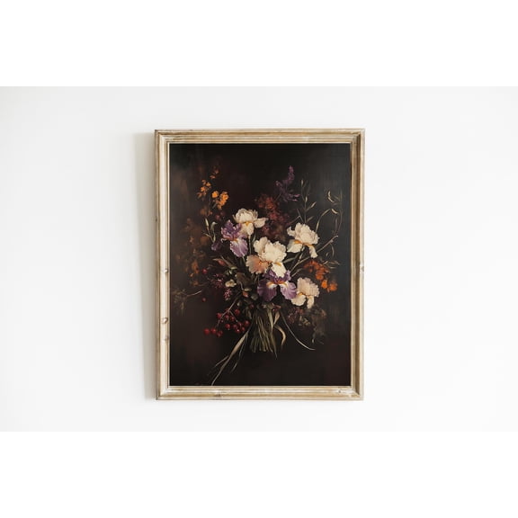 Moody Irises Print Poster Vintage Still Life Dark Fall Floral Moody Botanical Wall Art Poster Dark Floral Wall Art Poster Warm Present Vintage UNFRAMED Poster Size 8x12