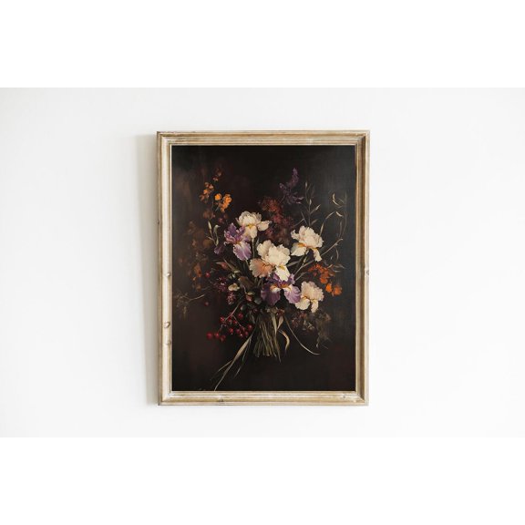 Moody Irises Print Vintage Still Life Dark Fall Floral Moody Botanical Wall Art E989, Unframed Paper Print