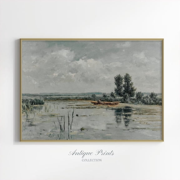 Moody Lake Vintage, Landscape Wall Art, Fisherman On A Boat, Antique Lake House Wall Decor821, Stretched Canvas Size 8x12