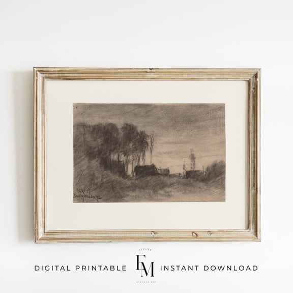 Moody Landscape Print Vintage Woodland Drawing Moody Wall Art Landscape Sketch Antique Moody Art Brown Dark Artwork Neutral Print Home Decor #2695, Stretched Canvas Size 12x18