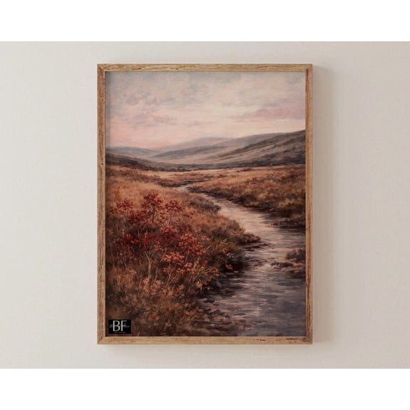 Moody Landscape Vintage Maroon Wildflower Red Pastoral Scenery Modern Decorative Design Wall Decor