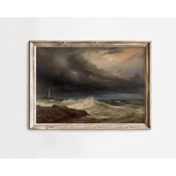 Moody Lighthouse, Stormy Ocean Wall Art, Stormy Seascape, Waves Vintage Poster, Lighthouse, Cloudy Ocean Home Decor, 8x12 UNFRAMED