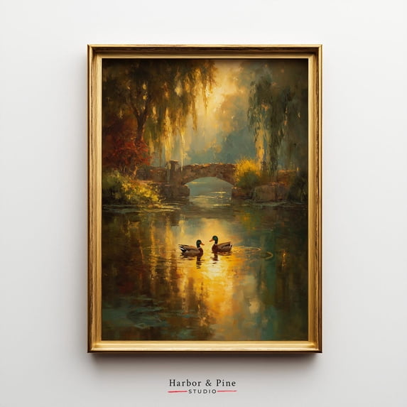 Moody Mallard Ducks in Quiet Pond Vintage Autumn Art, Stretched Canvas 8x10in