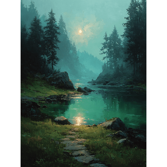 Moody Moon Antique Forest Landscape Canvas Print, Dark Academia Rustic Vintage Nature Wall Decor