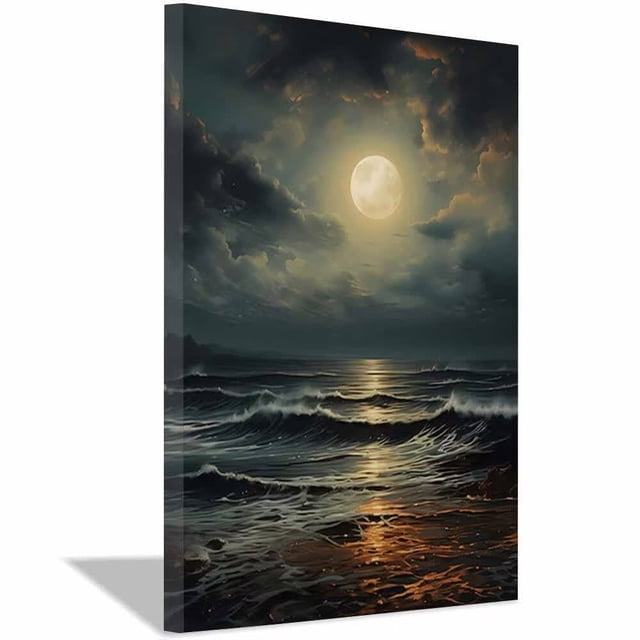 Moody Moonlight Ocean Wave Canvas Wall Art,Dark Landscape Prints Poster ...