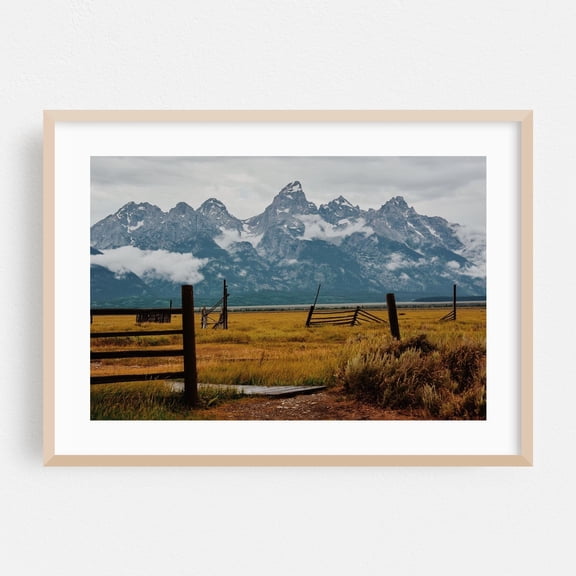 Moody Mormon Row - Moose Wyoming Photography Mountain Landscape Scenic Nature Rural Farmhouse Wilderness Oak Framed Wall Art Print 12 x 18 inches