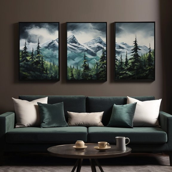 Moody Mountain Canvas Art Dark Forest Triptych Set Set 3