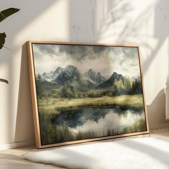 Moody Mountain Landscape Painting Serene Lake Wall Art Rustic Nature Print Wilderness Decor Peaceful Valley Scene Scenic Artwork Wall Art Modern Wall Decor