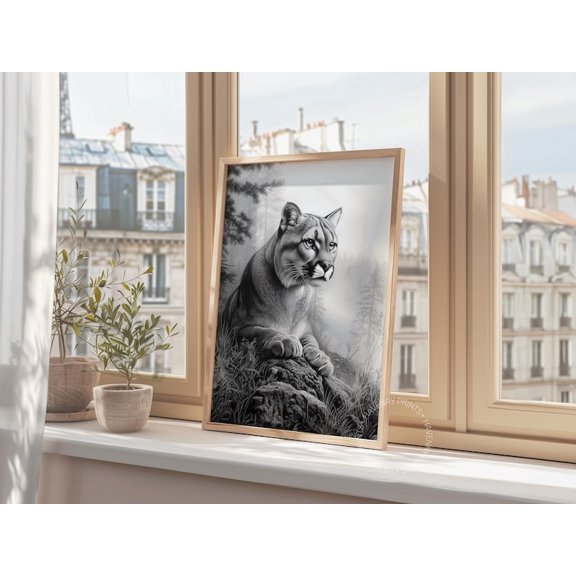 Moody Mountain Lion Portrait Poster – Neutral Wilderness Art – 16x24 – UNFRAMED