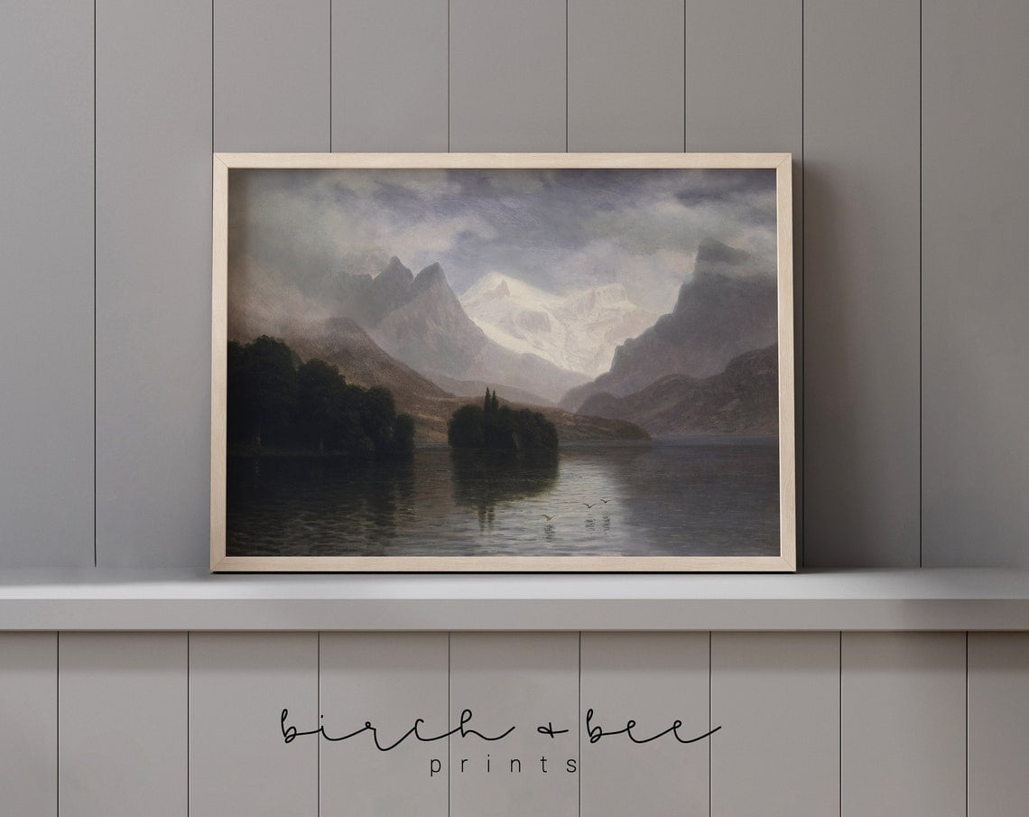 Moody Mountain Painting Vintage Mountain Lake Art Print Cozy Cabin Wall ...
