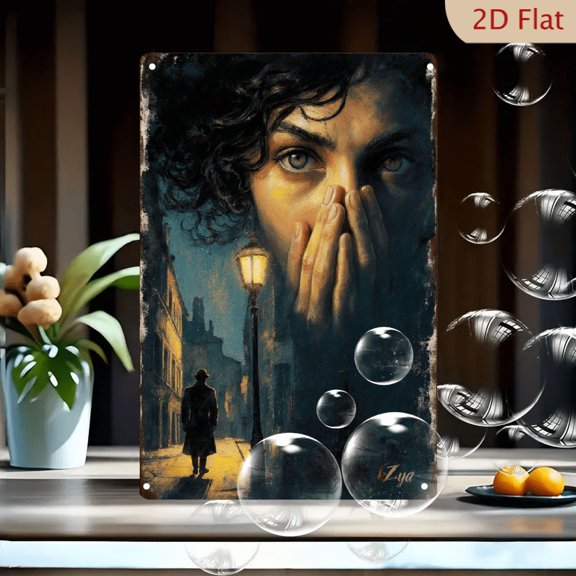 Moody Noir Painting 8x12inches Metal Wall Art, Expressive Face with Green Eyes and Lonely Night Street Scene, Vintage Distressed Poster Style, Urban Isolation Decor for Home Office