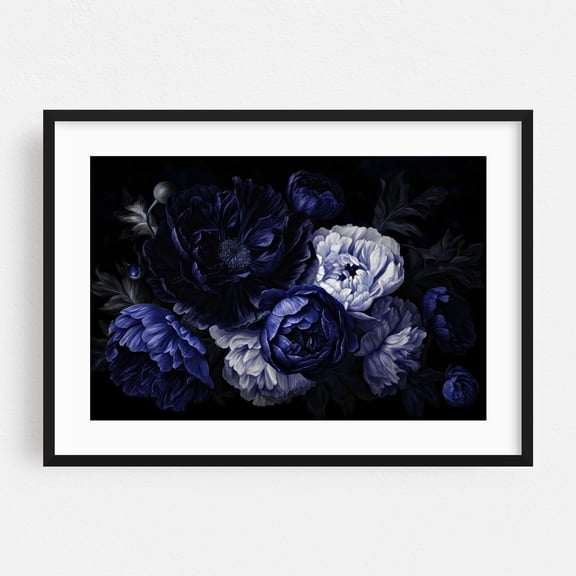 Moody Opulent Baroque Blue Night Flowers Garden - Painting Floral Botanical Flowers Modern Art Illustration Moody Nature Black Framed Wall Art Print 24 x 36 inches