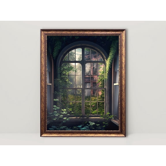 Moody Overgrown Window , Botanical Plant Wall Art, Dark Academia Decor, Vintage, Dark Cottagecore Aesthetic, Unframed Canvas Size 8x12