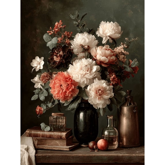 Moody Peony Still Life Canvas Antique Floral Dark Academia Living Room Wall Art