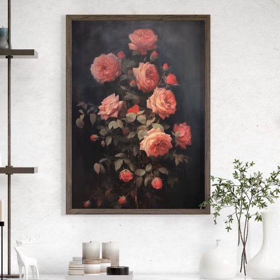 Moody Pink Roses Wall Art, Dark Cottagecore Floral Decor, Stretched Canvas Size 8x12