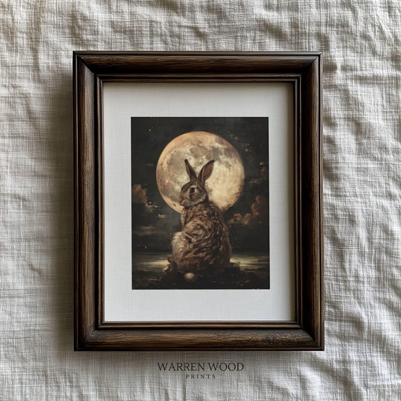 Moody Rabbit Full Moon Print, Warm Rustic Animal, Cottagecore Wall Art, Woodland Decor, Celestial Animal Print, Dark Bunny Art Home Decor #1336, Unframed Poster Size 24x36
